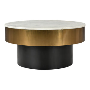 English Elm Cofee Table Round Natural Marble Top Brass Rim Art Deco Living Room Accent B2769S00076