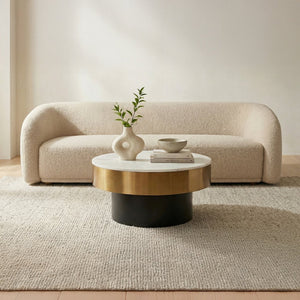 English Elm Cofee Table Round Natural Marble Top Brass Rim Art Deco Living Room Accent B2769S00076