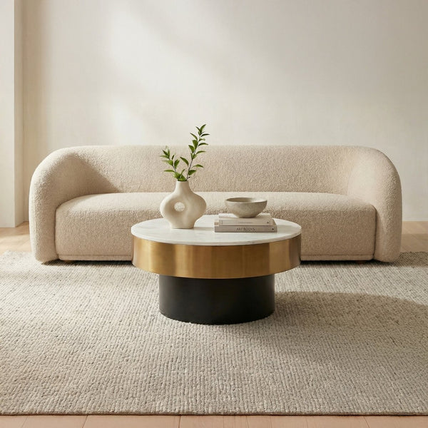 English Elm Cofee Table Round Natural Marble Top Brass Rim Art Deco Living Room Accent B2769S00076