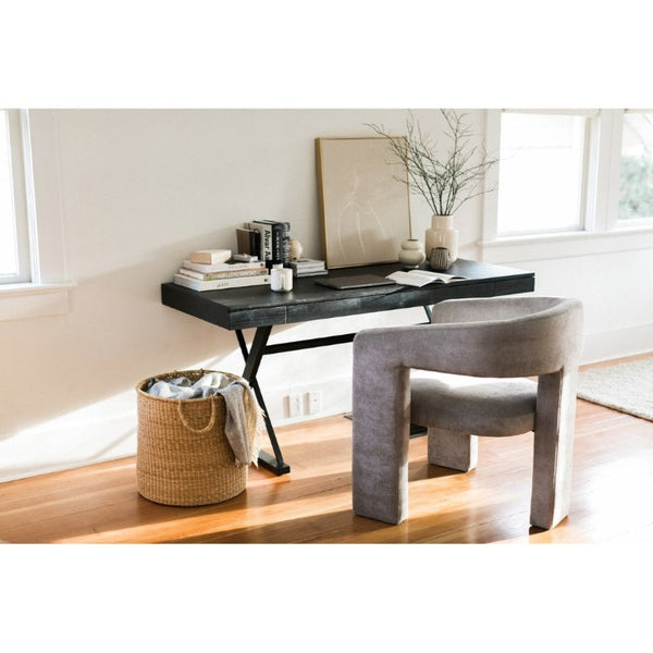 English Elm Desk, Solid Ash Tabletop with Steel Trestle Base Three Soft Close Drawers Home Office B2769S00087