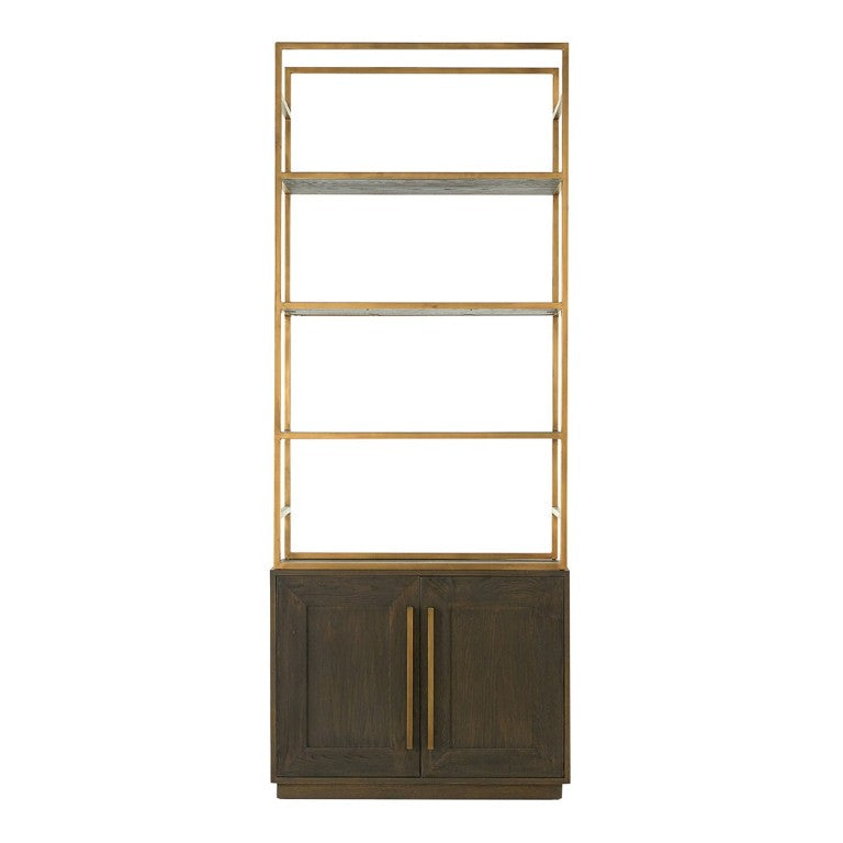 English Elm Bookshelf Solid Oak and Gold Iron Frame Art Deco Tall Display Cabinet for Living Room B2769S00089