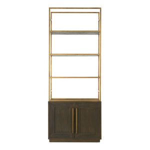 English Elm Bookshelf Solid Oak and Gold Iron Frame Art Deco Tall Display Cabinet for Living Room B2769S00089
