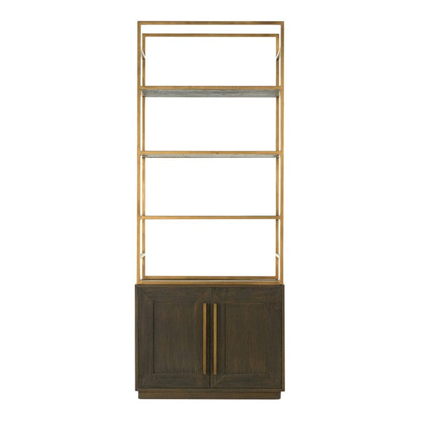 English Elm Bookshelf Solid Oak and Gold Iron Frame Art Deco Tall Display Cabinet for Living Room B2769S00089