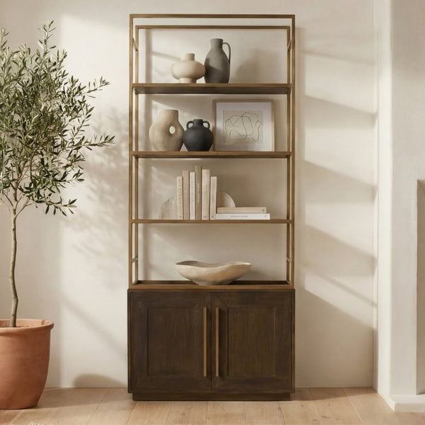 English Elm Bookshelf Solid Oak and Gold Iron Frame Art Deco Tall Display Cabinet for Living Room B2769S00089