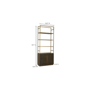 English Elm Bookshelf Solid Oak and Gold Iron Frame Art Deco Tall Display Cabinet for Living Room B2769S00089