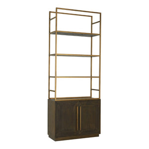 English Elm Bookshelf Solid Oak and Gold Iron Frame Art Deco Tall Display Cabinet for Living Room B2769S00089
