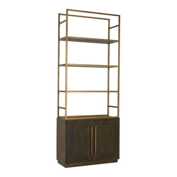 English Elm Bookshelf Solid Oak and Gold Iron Frame Art Deco Tall Display Cabinet for Living Room B2769S00089