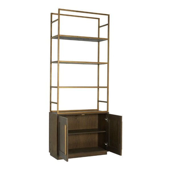 English Elm Bookshelf Solid Oak and Gold Iron Frame Art Deco Tall Display Cabinet for Living Room B2769S00089