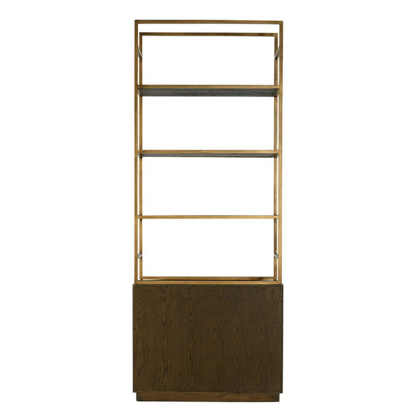 English Elm Bookshelf Solid Oak and Gold Iron Frame Art Deco Tall Display Cabinet for Living Room B2769S00089