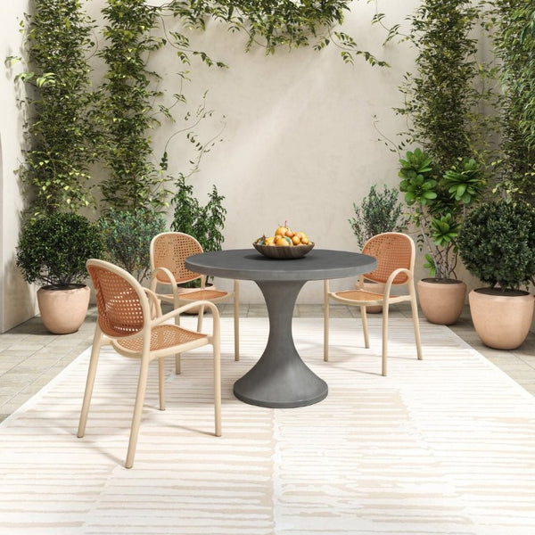 English Elm Outdoor Concrete Fiber Pedestal Round Dining Table Seats Four with Architectural Appeal B2769S00090