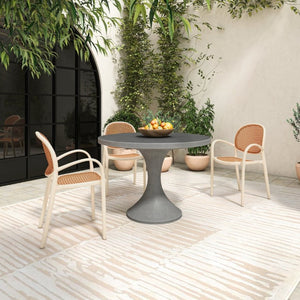 English Elm Outdoor Concrete Fiber Pedestal Round Dining Table Seats Four with Architectural Appeal B2769S00090