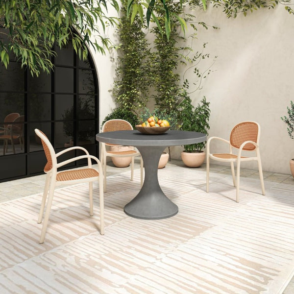English Elm Outdoor Concrete Fiber Pedestal Round Dining Table Seats Four with Architectural Appeal B2769S00090