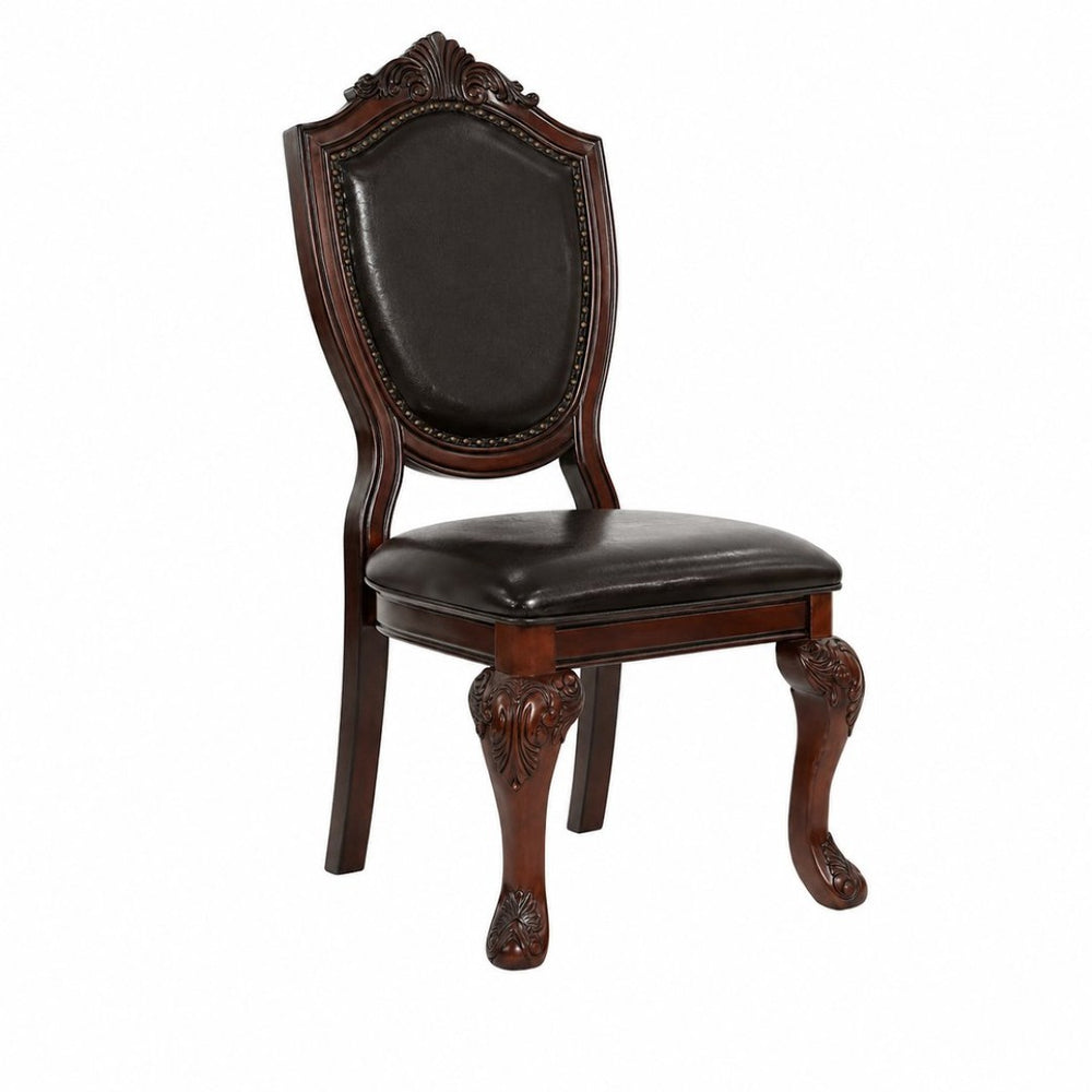 English Elm Set of 2 Ornate Rubberwood Dining Chairs Leather Upholstered Formal European Style B2770P507228