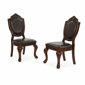 English Elm Set of 2 Ornate Rubberwood Dining Chairs Leather Upholstered Formal European Style B2770P507228