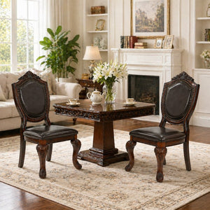 English Elm Set of 2 Ornate Rubberwood Dining Chairs Leather Upholstered Formal European Style B2770P507228