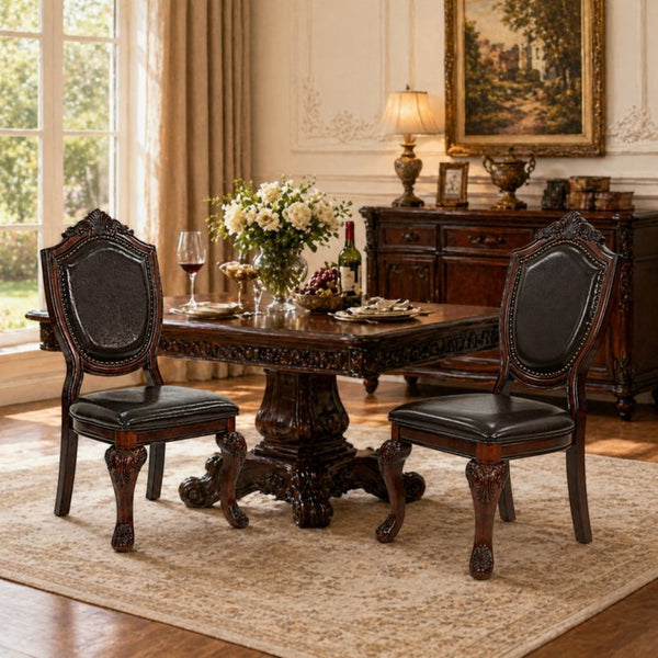 English Elm Set of 2 Ornate Rubberwood Dining Chairs Leather Upholstered Formal European Style B2770P507228