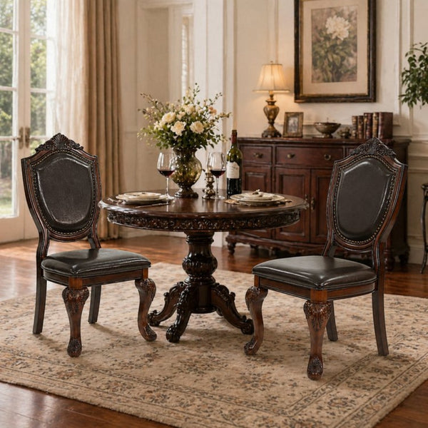 English Elm Set of 2 Ornate Rubberwood Dining Chairs Leather Upholstered Formal European Style B2770P507228