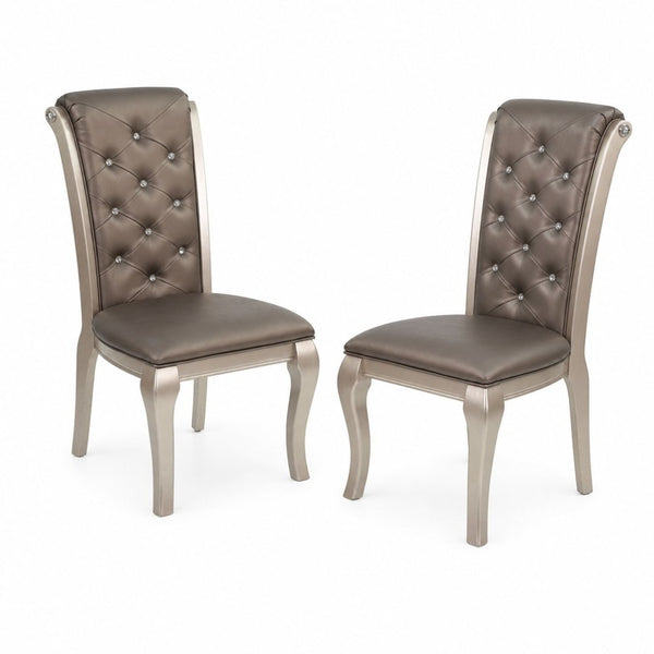 English Elm Set of 2 Glam Upholstered Dining Chairs Crystal Tufted Back Rubberwood Legs Taupe B2770P507460