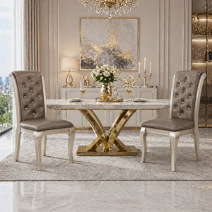 English Elm Set of 2 Glam Upholstered Dining Chairs Crystal Tufted Back Rubberwood Legs Taupe B2770P507460