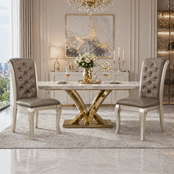 English Elm Set of 2 Glam Upholstered Dining Chairs Crystal Tufted Back Rubberwood Legs Taupe B2770P507460