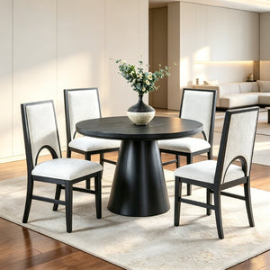 English Elm Set of 2 Arched Cutout Back Dining Chairs White Upholstered Seat Black Wood Frame B2770P508501
