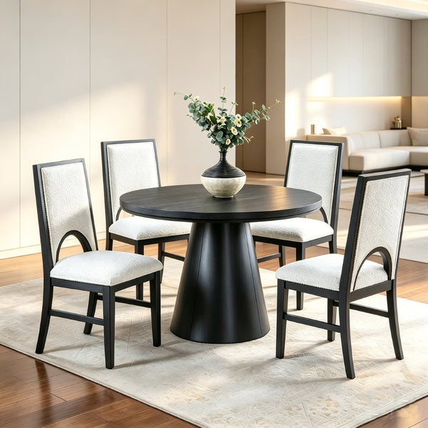 English Elm Set of 2 Arched Cutout Back Dining Chairs White Upholstered Seat Black Wood Frame B2770P508501