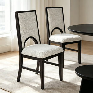 English Elm Set of 2 Arched Cutout Back Dining Chairs White Upholstered Seat Black Wood Frame B2770P508501