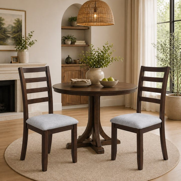 English Elm Set of 2 Farmhouse Ladder Back Chairs Solid Rubberwood Walnut Upholstered Seat B2770P508847