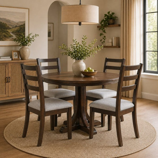 English Elm Set of 2 Farmhouse Ladder Back Chairs Solid Rubberwood Walnut Upholstered Seat B2770P508847