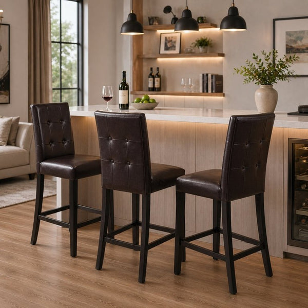 English Elm Set of 2 Tufted Faux Leather Counter Stools Solid Wood Frame Kitchen Island Seating B2770P508880