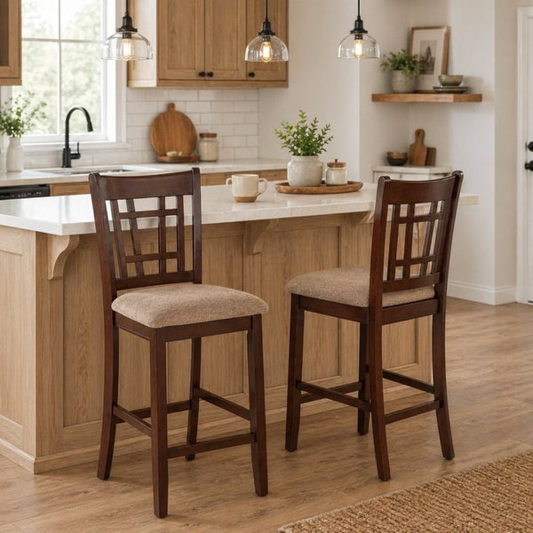 English Elm Set of 2 Solid Wood Open Back Counter Stools Upholstered Seat for Kitchen Islands B2770P508909