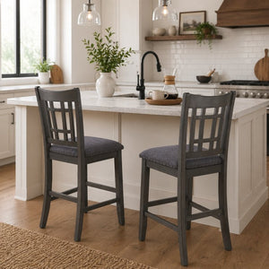 English Elm 2pcs Upholstered Counter Stools Nailhead Fabric Seat Wood Frame Kitchen Island Chairs B2770P508924