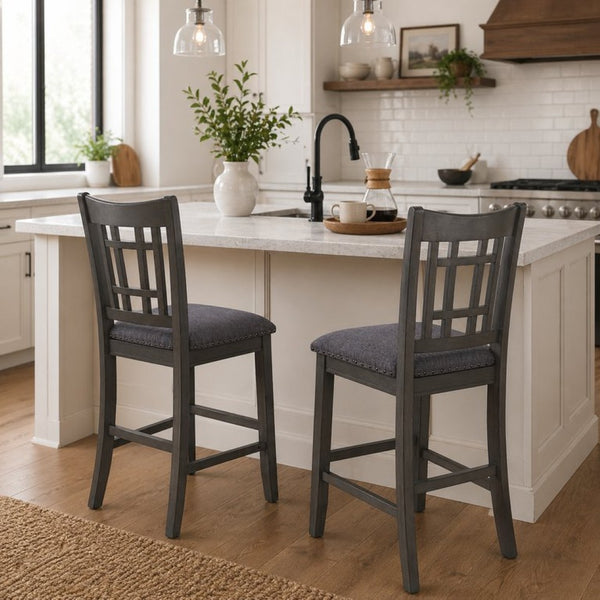 English Elm 2pcs Upholstered Counter Stools Nailhead Fabric Seat Wood Frame Kitchen Island Chairs B2770P508924