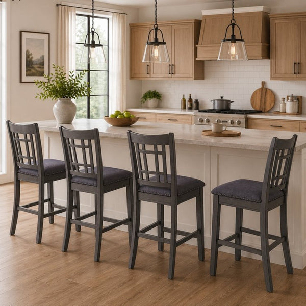 English Elm 2pcs Upholstered Counter Stools Nailhead Fabric Seat Wood Frame Kitchen Island Chairs B2770P508924