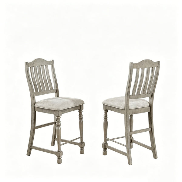 English Elm Set of 2 Farmhouse Counter Stools Solid Wood Slat Back Upholstered Distressed Finish B2770P509606