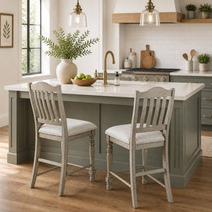 English Elm Set of 2 Farmhouse Counter Stools Solid Wood Slat Back Upholstered Distressed Finish B2770P509606