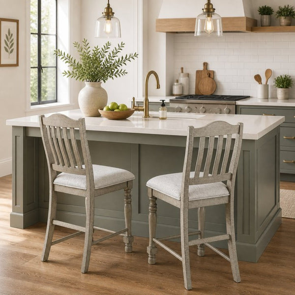 English Elm Set of 2 Farmhouse Counter Stools Solid Wood Slat Back Upholstered Distressed Finish B2770P509606