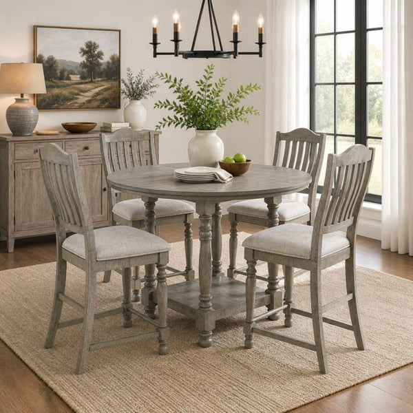 English Elm Set of 2 Farmhouse Counter Stools Solid Wood Slat Back Upholstered Distressed Finish B2770P509606