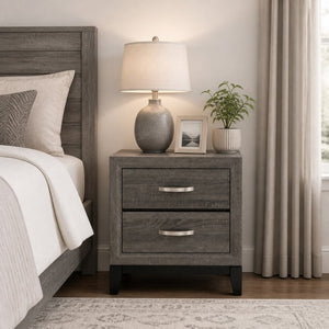 English Elm 2 Drawer Nightstand Wood Grain Finish Solid Frame Compact Bedside Storage Table B2770P509777
