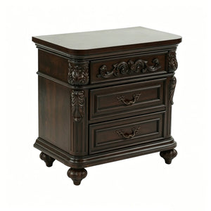 English Elm 3 Drawer Solid Wood Nightstand with Hand Carved Details and Rich Cherry Finish Bedroom B2770P509790