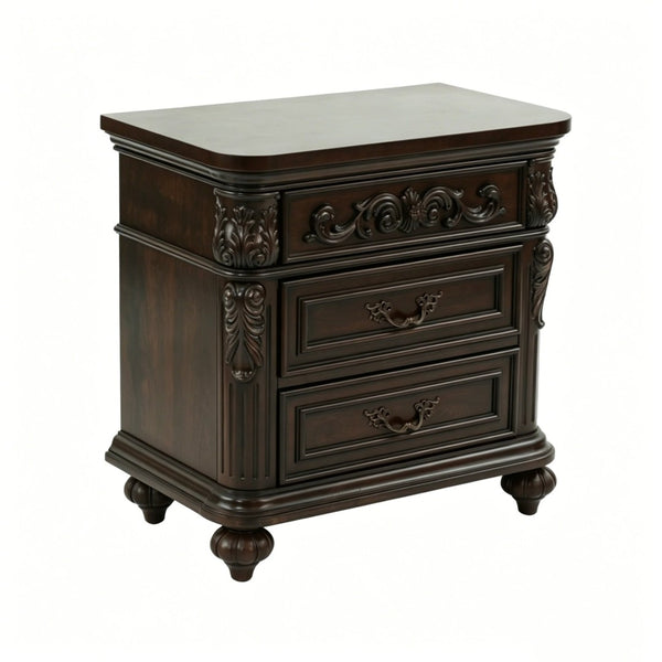 English Elm 3 Drawer Solid Wood Nightstand with Hand Carved Details and Rich Cherry Finish Bedroom B2770P509790