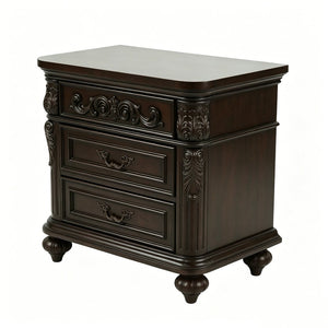English Elm 3 Drawer Solid Wood Nightstand with Hand Carved Details and Rich Cherry Finish Bedroom B2770P509790