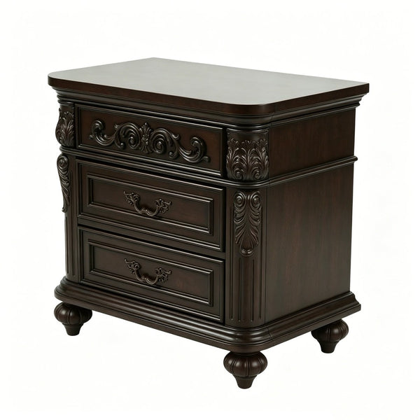 English Elm 3 Drawer Solid Wood Nightstand with Hand Carved Details and Rich Cherry Finish Bedroom B2770P509790