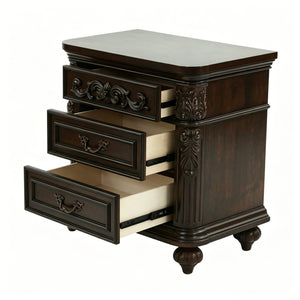 English Elm 3 Drawer Solid Wood Nightstand with Hand Carved Details and Rich Cherry Finish Bedroom B2770P509790