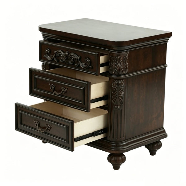 English Elm 3 Drawer Solid Wood Nightstand with Hand Carved Details and Rich Cherry Finish Bedroom B2770P509790
