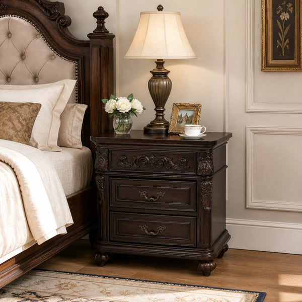 English Elm 3 Drawer Solid Wood Nightstand with Hand Carved Details and Rich Cherry Finish Bedroom B2770P509790