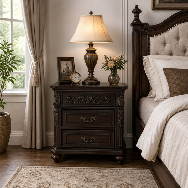 English Elm 3 Drawer Solid Wood Nightstand with Hand Carved Details and Rich Cherry Finish Bedroom B2770P509790