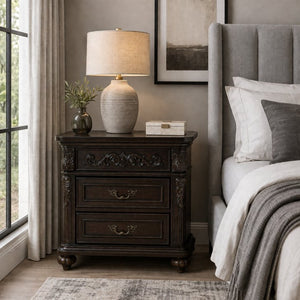 English Elm 3 Drawer Solid Wood Nightstand with Hand Carved Details and Rich Cherry Finish Bedroom B2770P509790