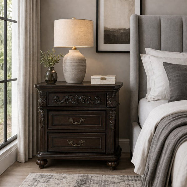 English Elm 3 Drawer Solid Wood Nightstand with Hand Carved Details and Rich Cherry Finish Bedroom B2770P509790