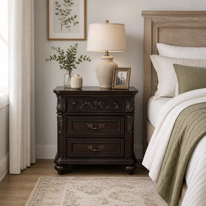 English Elm 3 Drawer Solid Wood Nightstand with Hand Carved Details and Rich Cherry Finish Bedroom B2770P509790